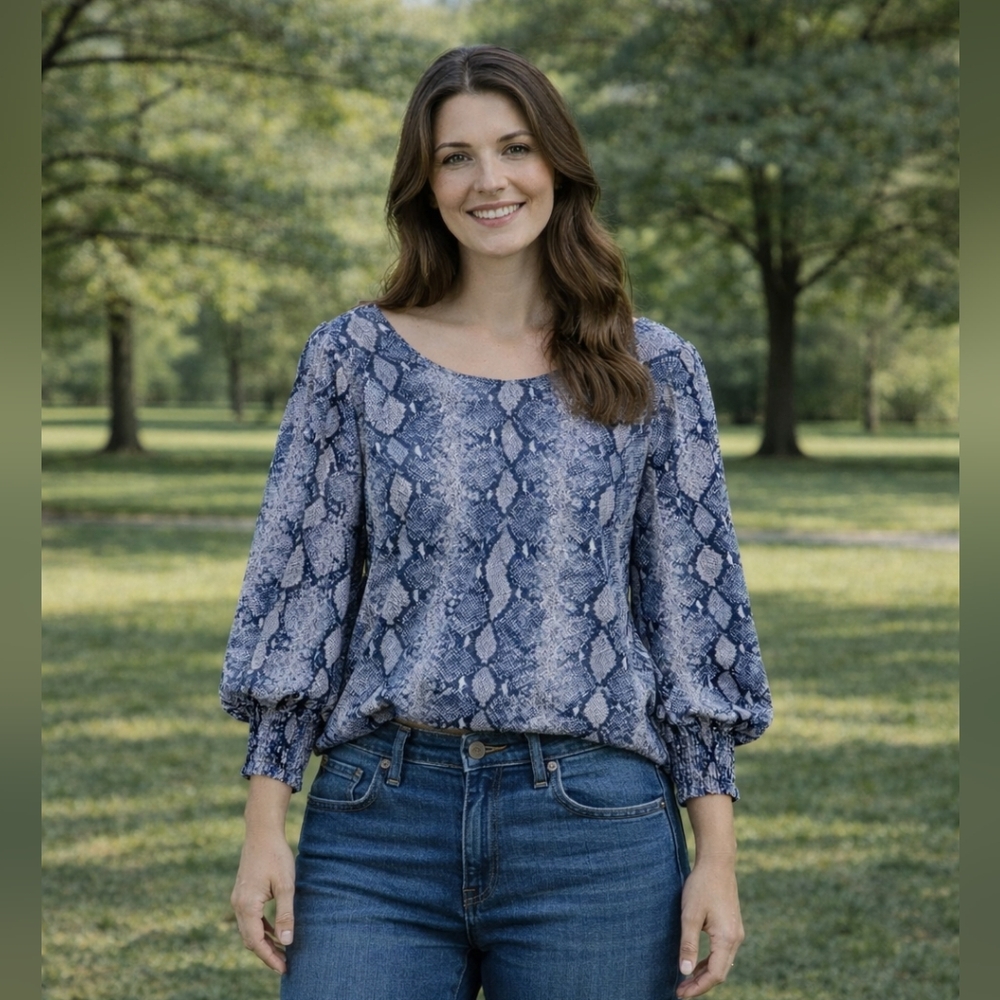 Stella & Dot Blue Snake Pattern Blouse Size XXL